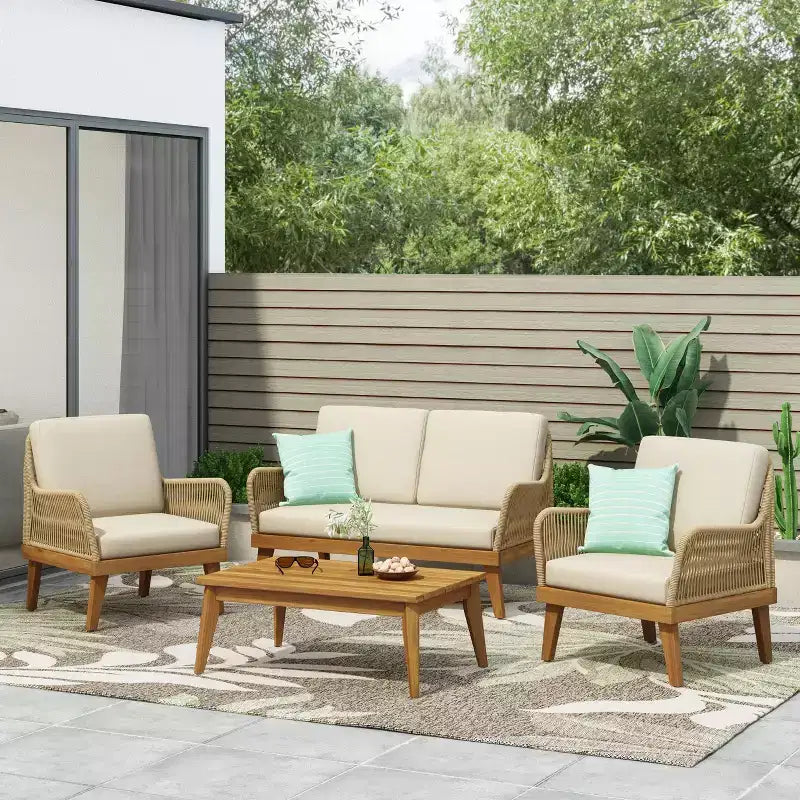 4pc Annisa Outdoor Acacia Wood Set with Cushion: Weather-Resistant, UV Protection - Christopher Knight Home