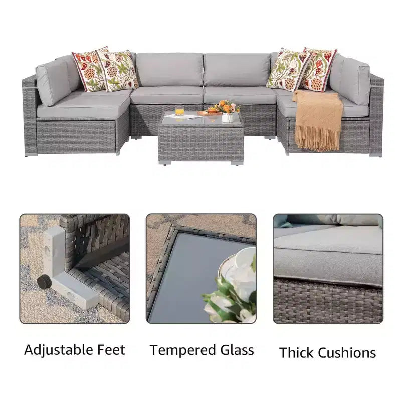 Sunsitt 7pc Rattan Wicker Outdoor Patio Conversation Set Gray
