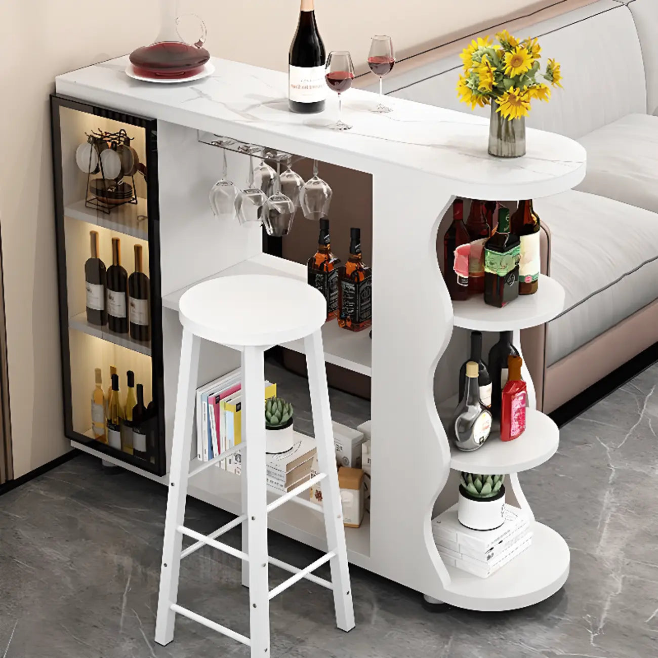 Tavolo da bar a forma libera con top in pietra moderna e contenitore per bar domestici