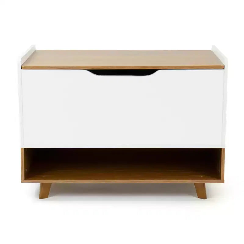 Baule giocattolo per bambini di metà secolo con coperchio a chiusura ammortizzata e ripiano portaoggetti Legno/Bianco