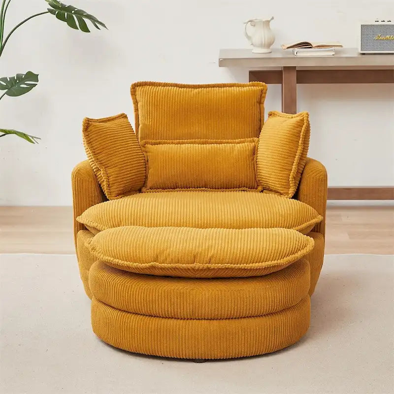 Poltrona girevole oversize con pouf contenitore Moon con 4 cuscini