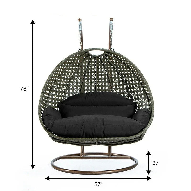 LeisureMod 2 Person Hanging Egg Chair with Stand - Outdoor/Indoor Rattan Wicker Patio Swing Hammock Lounger with Cushions