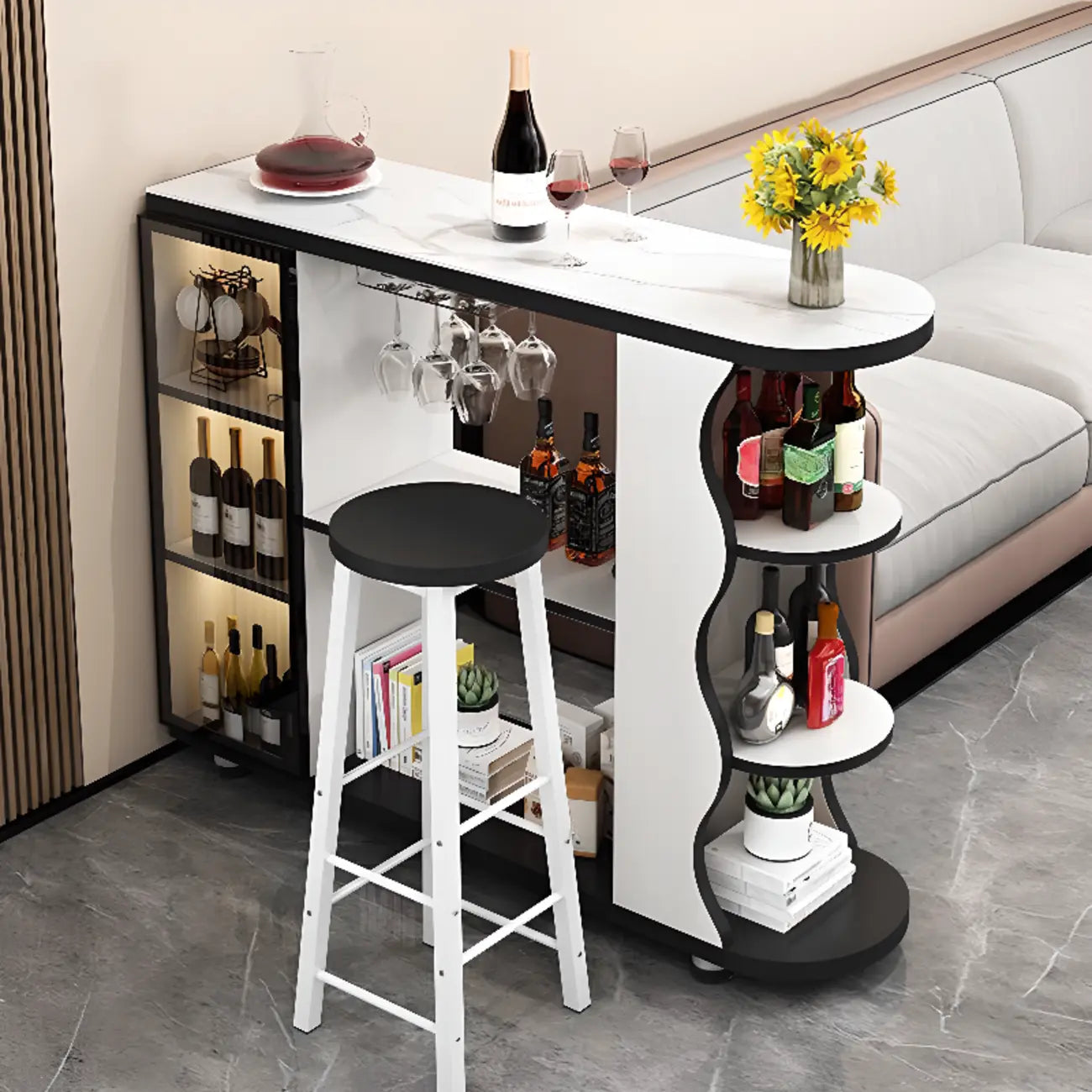 Tavolo da bar a forma libera con top in pietra moderna e contenitore per bar domestici