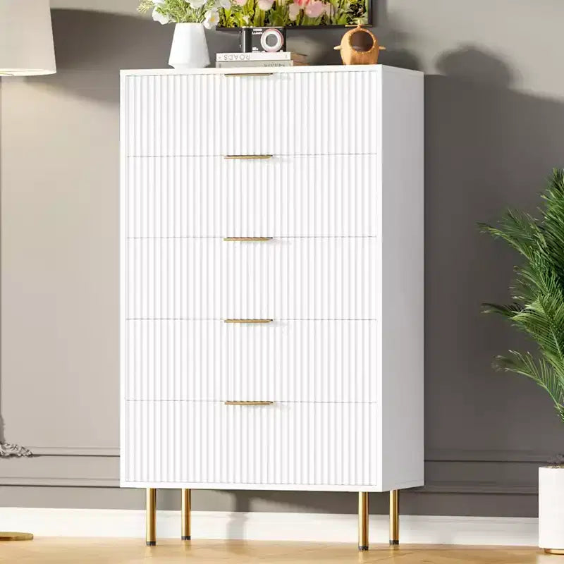 White / Marble & Wood 5-Drawer Dresser ?C Fluted Panel, for 1 Person Use