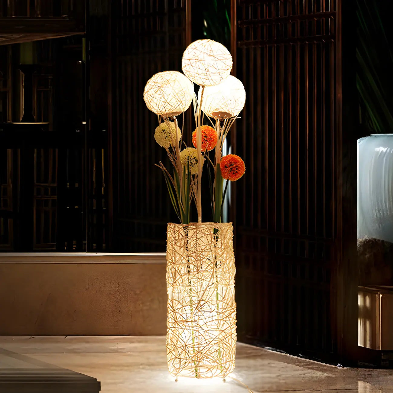 Lampada da terra in rattan LED a colonna con spina per soggiorno