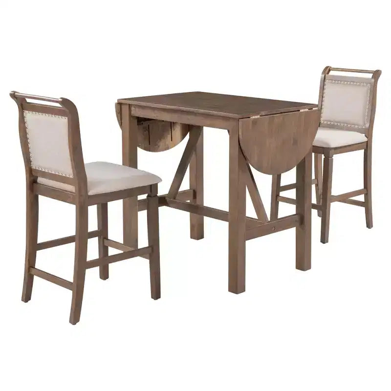 Ensemble de salle à manger 3 pièces Whisen en bois avec table à hauteur de comptoir à rallonges et 2 chaises de salle à manger rembourrées