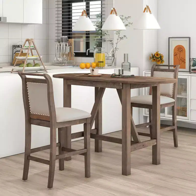 Whisen 3-Piece Wood Counter Height Drop Leaf Dining Table Set with 2 Upholstered Dining Chairs