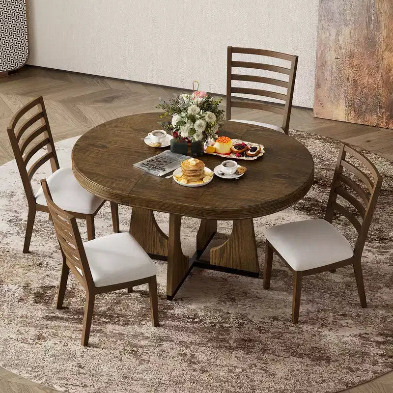 Whisen 5-Piece Retro Rustic Functional Dining Set with 1 Extendable Table and 4 Upholstered Chairs