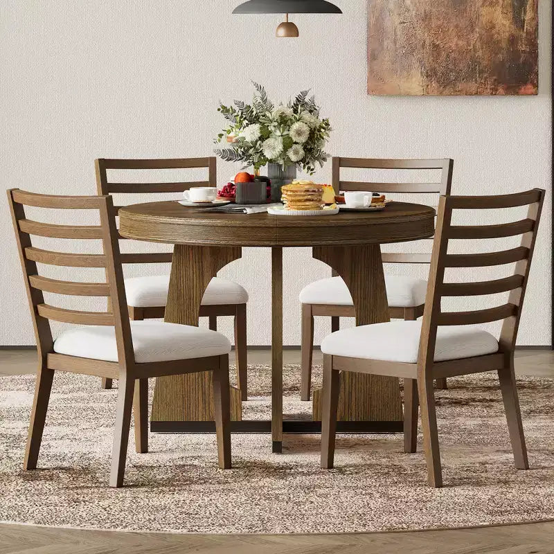 Whisen 5-Piece Retro Rustic Functional Dining Set with 1 Extendable Table and 4 Upholstered Chairs