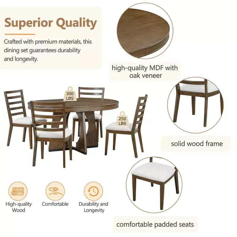 Whisen 5-Piece Retro Rustic Functional Dining Set with 1 Extendable Table and 4 Upholstered Chairs