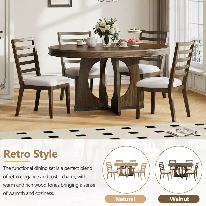 Whisen 5-Piece Retro Rustic Functional Dining Set with 1 Extendable Table and 4 Upholstered Chairs