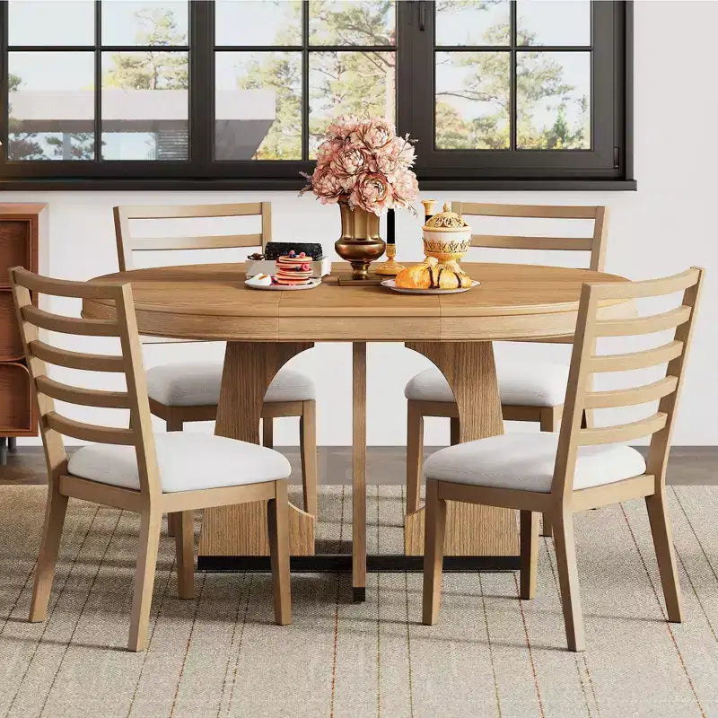 Whisen 5-Piece Retro Rustic Functional Dining Set with 1 Extendable Table and 4 Upholstered Chairs
