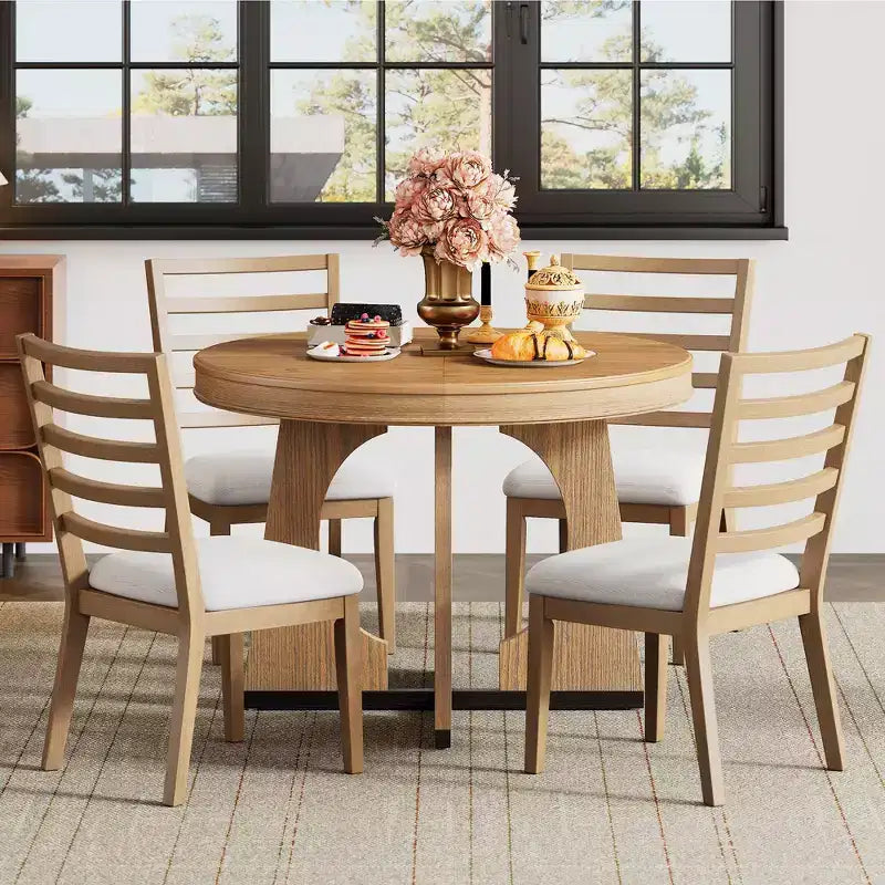 Whisen 5-Piece Retro Rustic Functional Dining Set with 1 Extendable Table and 4 Upholstered Chairs