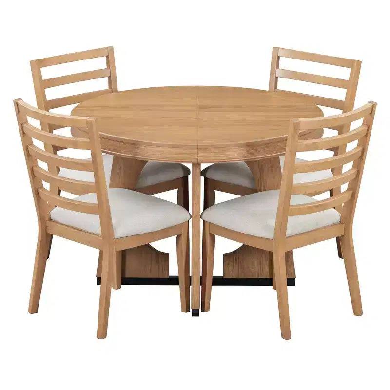 Whisen 5-Piece Retro Rustic Functional Dining Set with 1 Extendable Table and 4 Upholstered Chairs