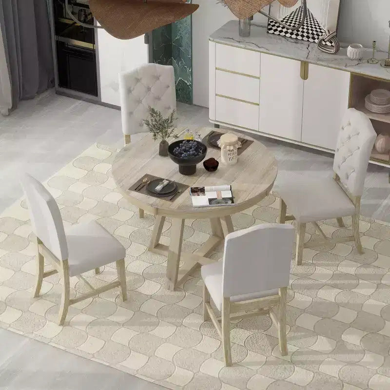 Whisen Retro Style 5-Piece Extendable Dining Set with 4-Botton Tufted Upholstered Chairs