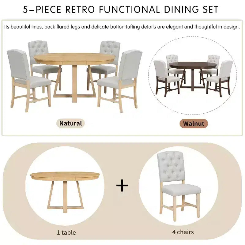 Ensemble de salle à manger extensible Whisen de style rétro 5 pièces avec 4 chaises rembourrées à dossier capitonné
