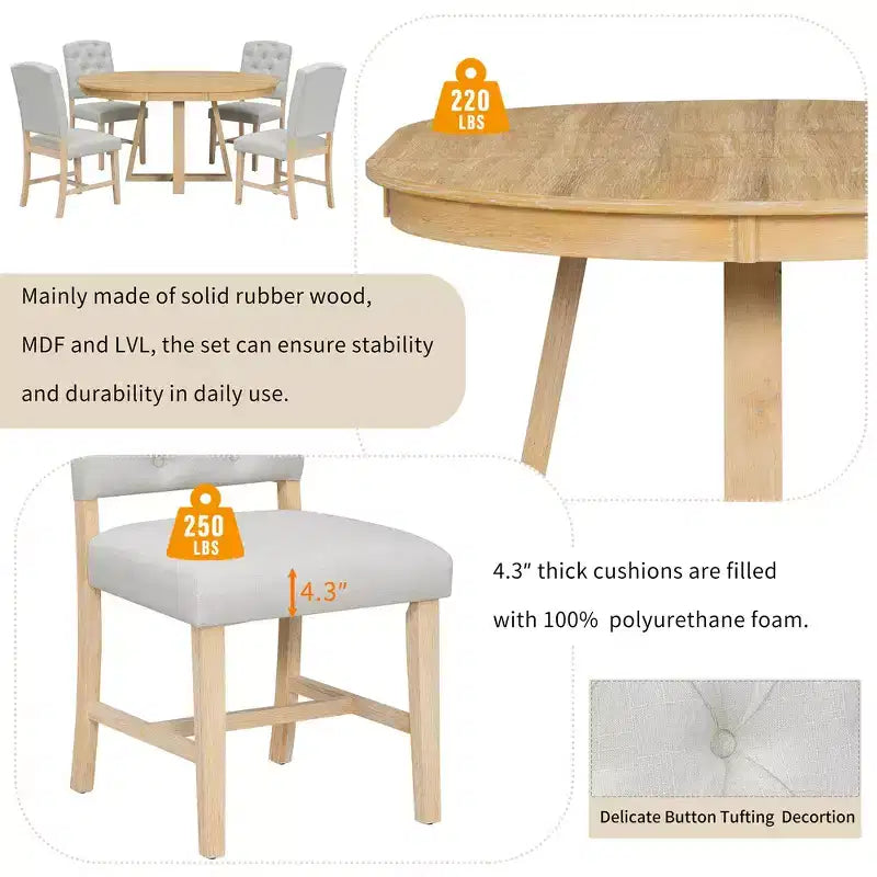 Ensemble de salle à manger extensible Whisen de style rétro 5 pièces avec 4 chaises rembourrées à dossier capitonné