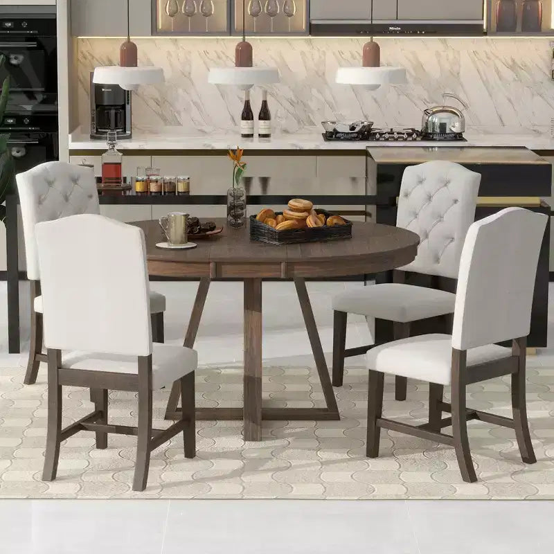 Ensemble de salle à manger extensible Whisen de style rétro 5 pièces avec 4 chaises rembourrées à dossier capitonné