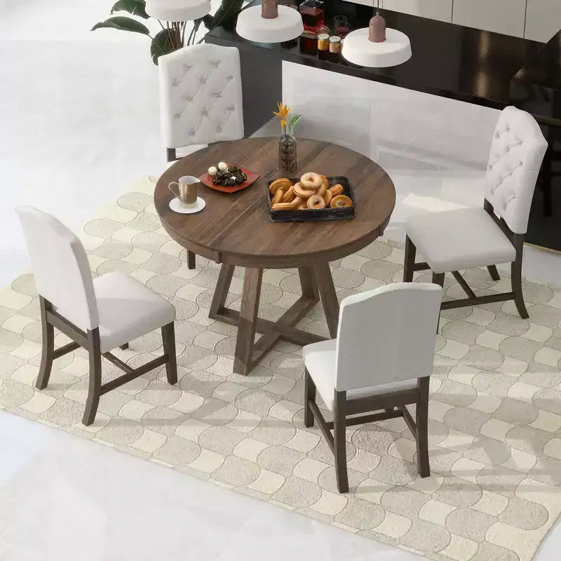 Ensemble de salle à manger extensible Whisen de style rétro 5 pièces avec 4 chaises rembourrées à dossier capitonné