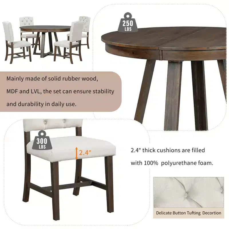 Ensemble de salle à manger extensible Whisen de style rétro 5 pièces avec 4 chaises rembourrées à dossier capitonné