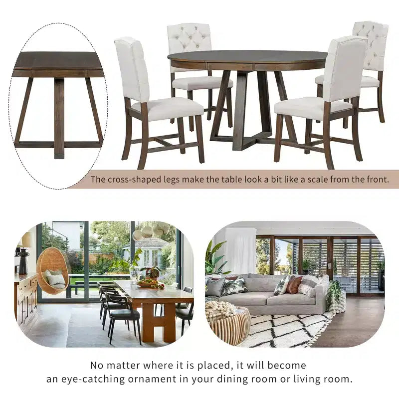 Ensemble de salle à manger extensible Whisen de style rétro 5 pièces avec 4 chaises rembourrées à dossier capitonné
