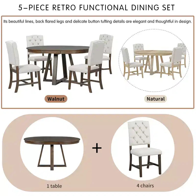 Ensemble de salle à manger extensible Whisen de style rétro 5 pièces avec 4 chaises rembourrées à dossier capitonné