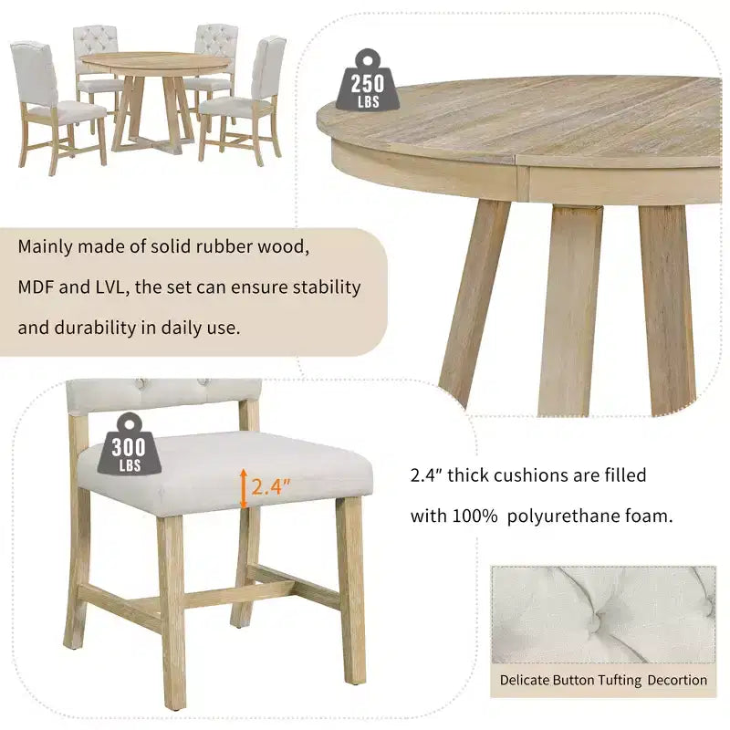 Ensemble de salle à manger extensible Whisen de style rétro 5 pièces avec 4 chaises rembourrées à dossier capitonné