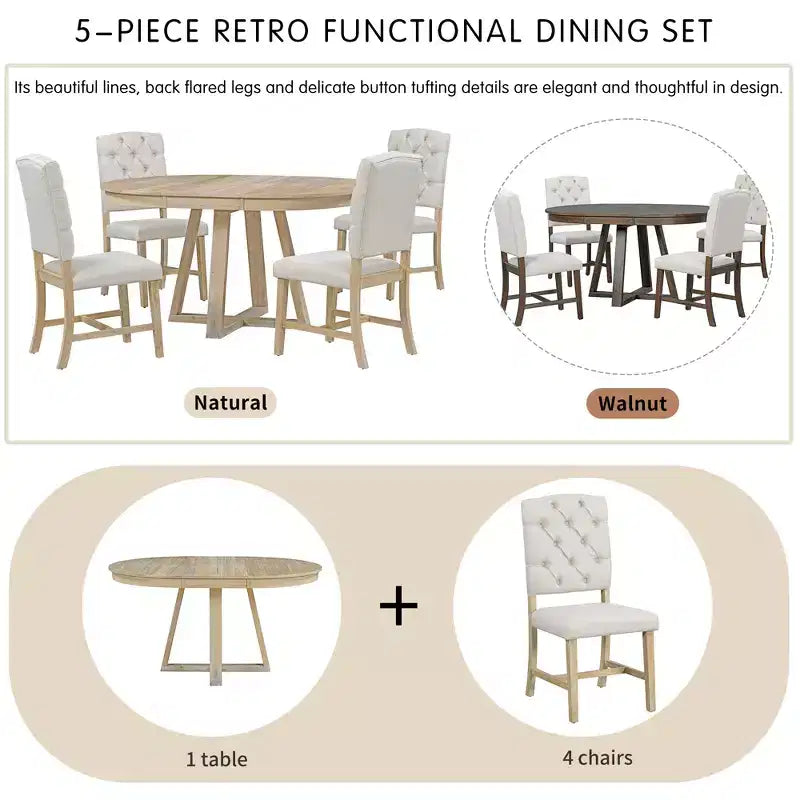 Ensemble de salle à manger extensible Whisen de style rétro 5 pièces avec 4 chaises rembourrées à dossier capitonné