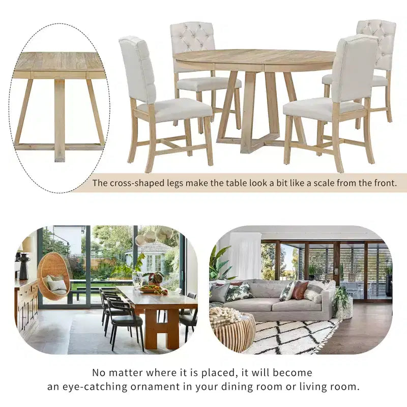 Ensemble de salle à manger extensible Whisen de style rétro 5 pièces avec 4 chaises rembourrées à dossier capitonné