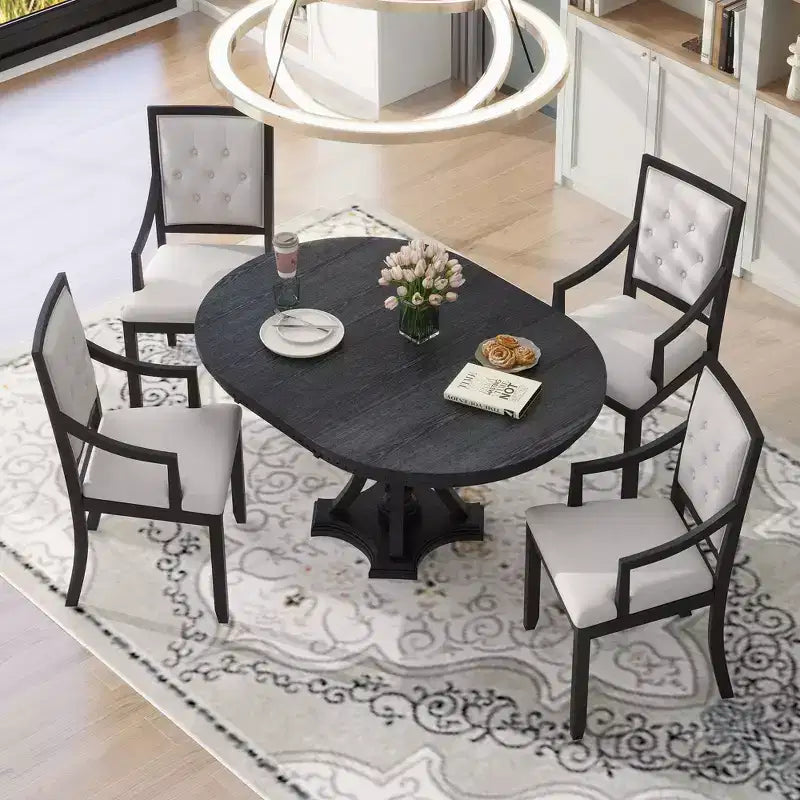 Whisen Farmhouse 5-piece Extendable Round Dining Set with 4-Upholstered Armchairs