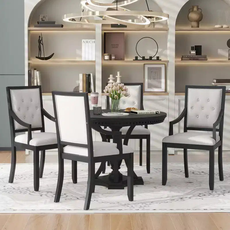 Whisen Farmhouse 5-piece Extendable Round Dining Set with 4-Upholstered Armchairs