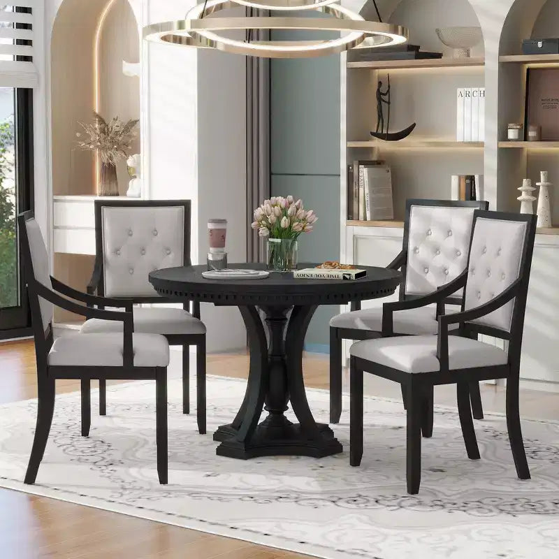 Whisen Farmhouse 5-piece Extendable Round Dining Set with 4-Upholstered Armchairs
