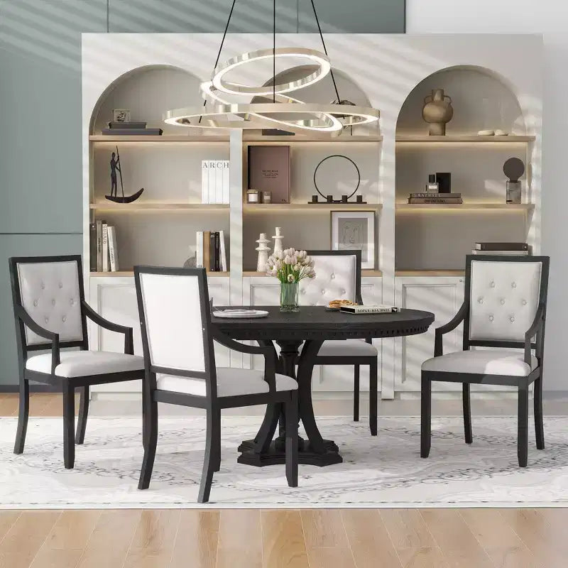 Whisen Farmhouse 5-piece Extendable Round Dining Set with 4-Upholstered Armchairs