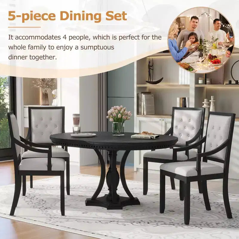 Whisen Farmhouse 5-piece Extendable Round Dining Set with 4-Upholstered Armchairs