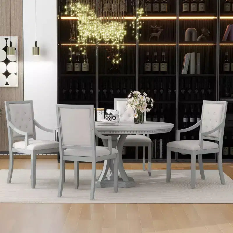 Whisen Farmhouse 5-piece Extendable Round Dining Set with 4-Upholstered Armchairs