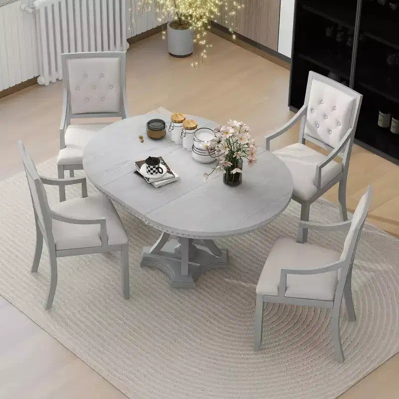 Whisen Farmhouse 5-piece Extendable Round Dining Set with 4-Upholstered Armchairs