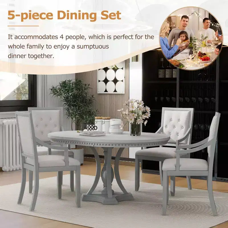Whisen Farmhouse 5-piece Extendable Round Dining Set with 4-Upholstered Armchairs
