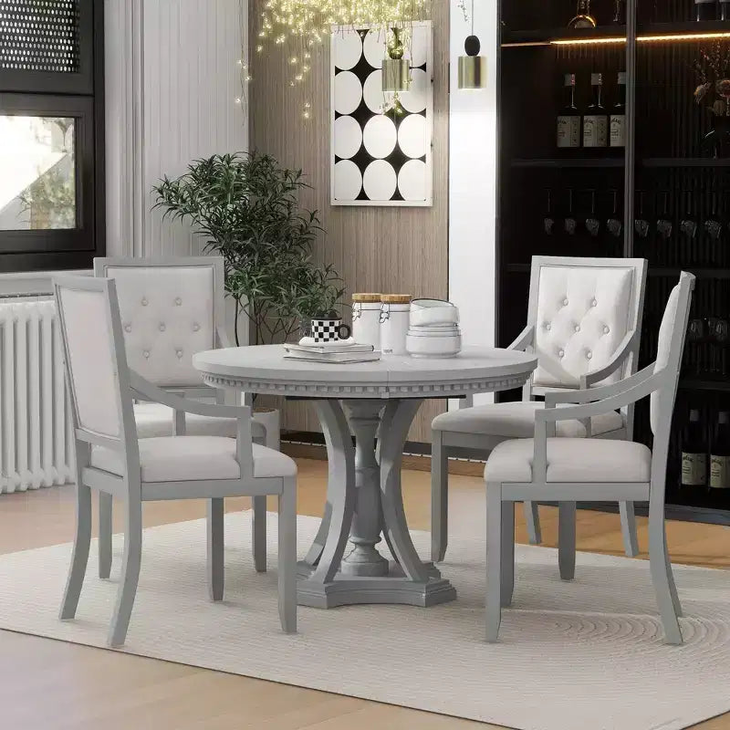 Whisen Farmhouse 5-piece Extendable Round Dining Set with 4-Upholstered Armchairs