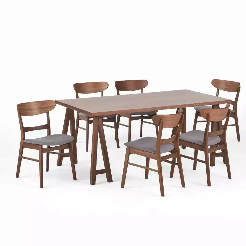 GDFStudio Isador Mid Century Modern 7 Piece Fabric Upholstered Rubberwood Dining Set