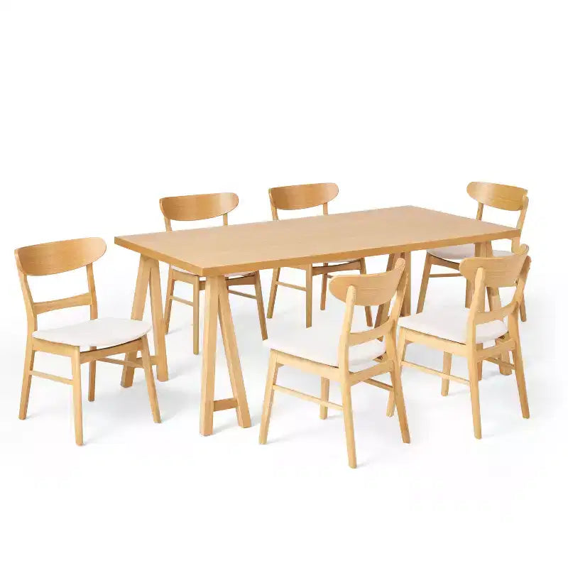 GDFStudio Isador Mid Century Modern 7 Piece Fabric Upholstered Rubberwood Dining Set