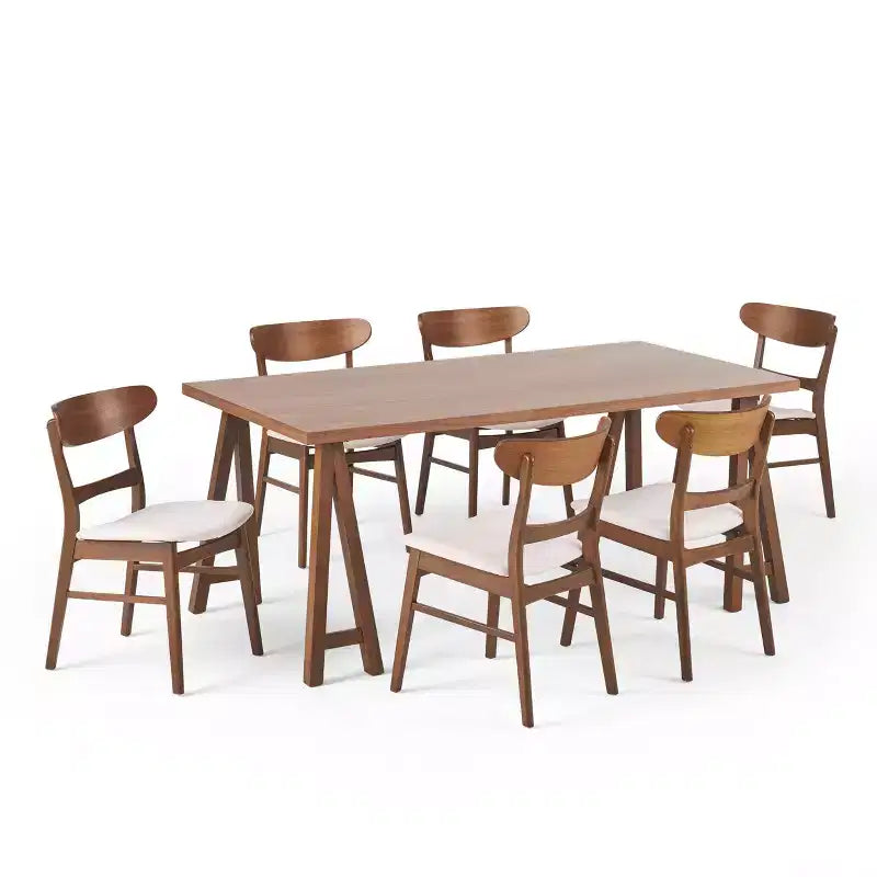 GDFStudio Isador Mid Century Modern 7 Piece Fabric Upholstered Rubberwood Dining Set
