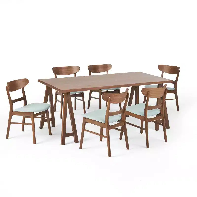 GDFStudio Isador Mid Century Modern 7 Piece Fabric Upholstered Rubberwood Dining Set