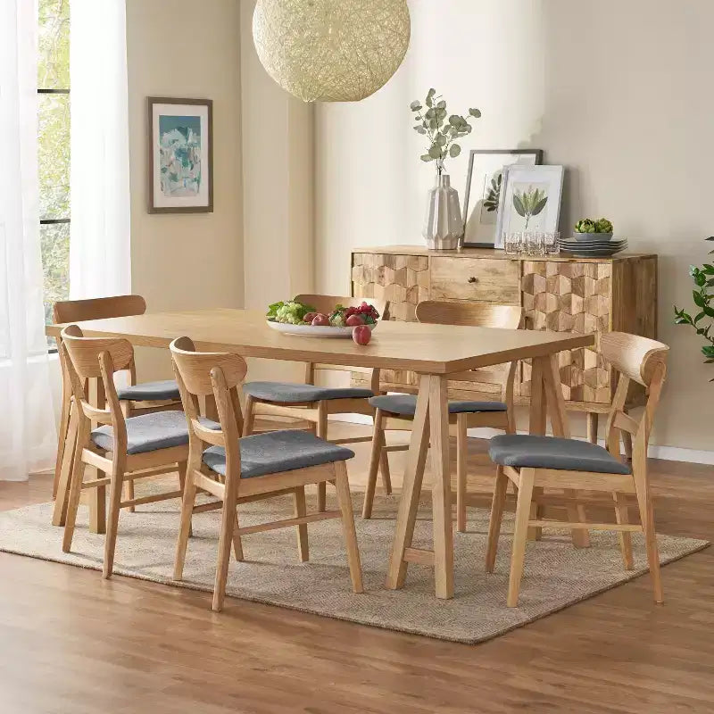GDFStudio Isador Mid Century Modern 7 Piece Fabric Upholstered Rubberwood Dining Set