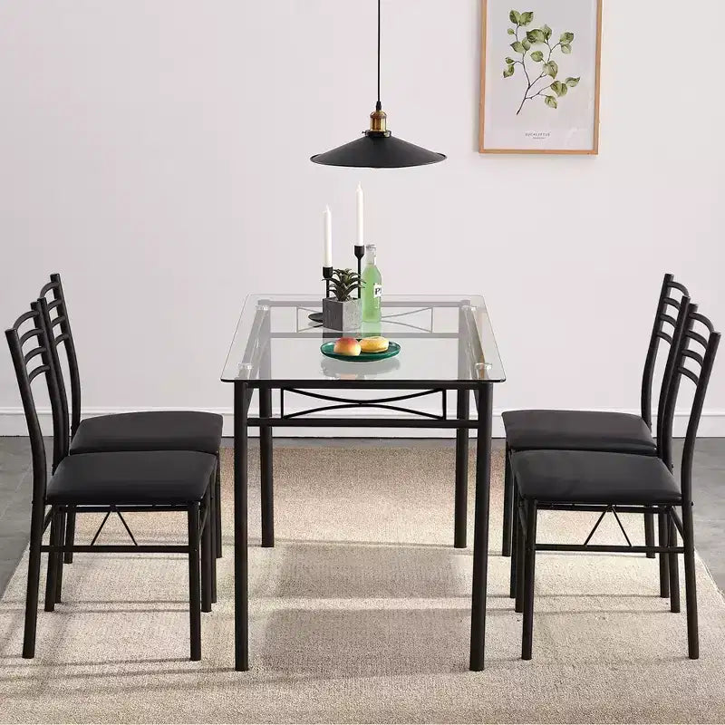 Ensemble de salle à manger 5 pièces VECELO avec table en verre et 4 chaises rembourrées, ensemble de table rectangulaire de cuisine marron/noir