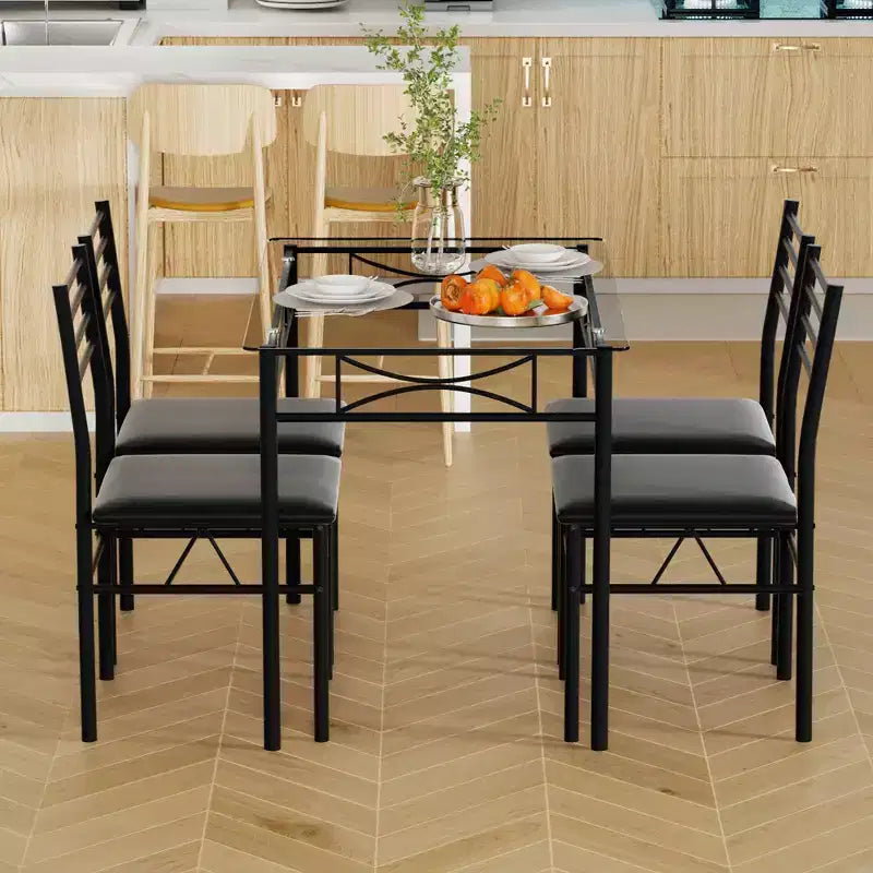 Ensemble de salle à manger 5 pièces VECELO avec table en verre et 4 chaises rembourrées, ensemble de table rectangulaire de cuisine marron/noir