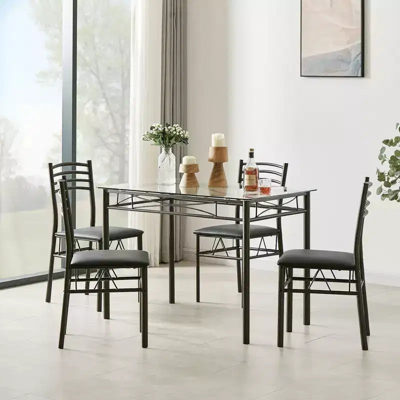 Ensemble de salle à manger 5 pièces VECELO avec table en verre et 4 chaises rembourrées, ensemble de table rectangulaire de cuisine marron/noir