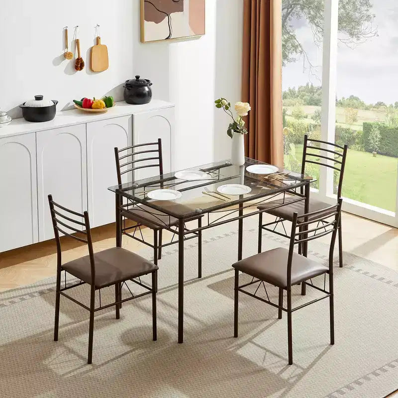 Ensemble de salle à manger 5 pièces VECELO avec table en verre et 4 chaises rembourrées, ensemble de table rectangulaire de cuisine marron/noir