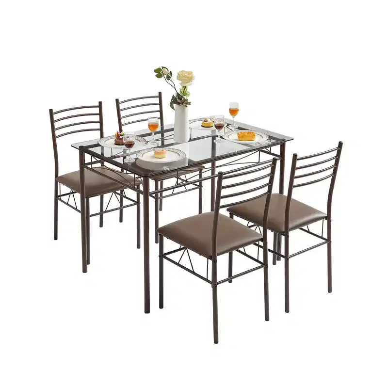 Ensemble de salle à manger 5 pièces VECELO avec table en verre et 4 chaises rembourrées, ensemble de table rectangulaire de cuisine marron/noir