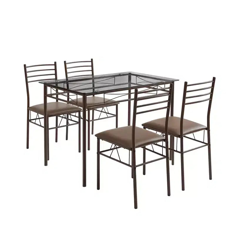 Ensemble de salle à manger 5 pièces VECELO avec table en verre et 4 chaises rembourrées, ensemble de table rectangulaire de cuisine marron/noir