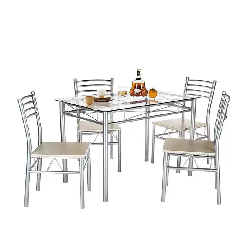 Ensemble de salle à manger 5 pièces VECELO avec table en verre et 4 chaises rembourrées, ensemble de table rectangulaire de cuisine marron/noir